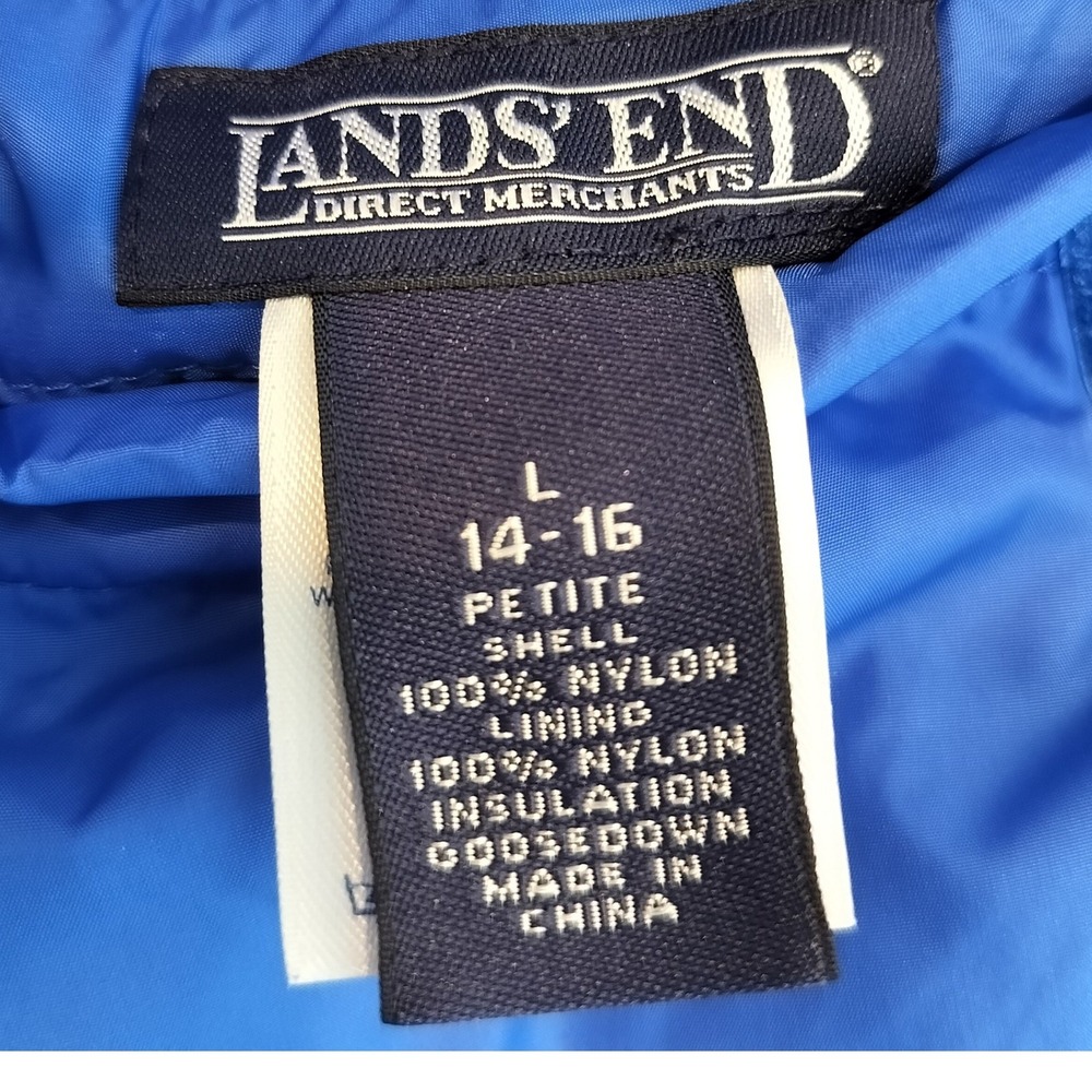 Lands End Reversible Down Puffer Jacket Womens Large 14-16 Petite Blue Black - Picture 10 of 11